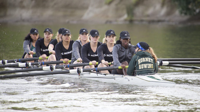 (from left to right) Valeria Torres, Raelyn Troche, Anna Listmann, Amber Anderson-Wells, Alexis Hewitt, Kennedi Sullivan, Melinda Anthony, Dimari Aldridge and Anica Hernandez of the novice eight/third varsity eight B team. Their team finished third in the novice eight/third varsity eight B category of the Sacramento State Rowing Invitational on Saturday, March 12 at Lake Natoma.