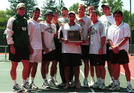Image: Big Sky champs again:The men?s tennis team poses with its trophy on Sunday at the Rio Del Oro Racquet Club. :