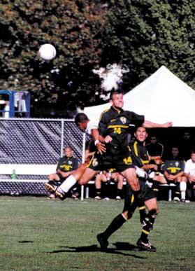 Image: Luigs leads mens soccer team to consecutive wins:Photo By Barrett Lyon/State HornetSac State?s Hjalti Krisjansson and a University of New Mexico player leap for the header during Friday?s MPSF match.: