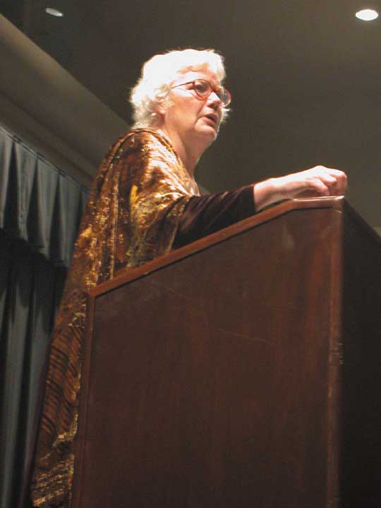 Image: Columnist brings Texas attitude to Sac State:Columnist Molly Ivins speaks to a University Union Ballroom capacity crowd last Thursday.Photo by Natalie Morris/State Hornet: