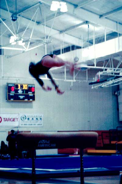 Image: Beam breaks Sac States spirit:Gymnast Toni Petersen performs her vault routine in the Hornets loss to Seattle Pacific. The junior finished second in the all-around.: