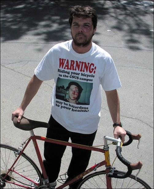 Image: Biker in grate accident at CSUS:Environmental Studies senior Dan Kopp was injured while riding his bike on campus. He designed a t-shirt to promote bicycle safety awareness. Photo by Natalie Morris/State Hornet: