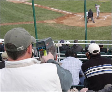 Image: On the Radar:Roughly 20 Major League Baseball scouts from various organiztions were on hand Monday afternoon to watch Hornet pitcher Chris Kinsey battle the Arizona Wildcats. Photo by Matt SchrappState Hornet: