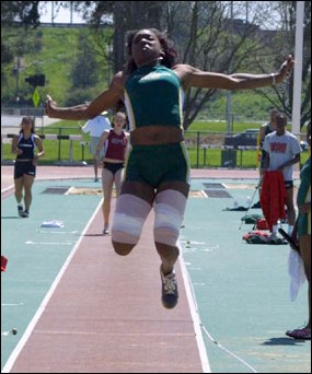 Image: Bryant at 70 percent after injury:Despite still suffering the effects of a past injury, junior Shanita Bryant continues to compete in the long jump.Photo by Katie JohnsonState Hornet: