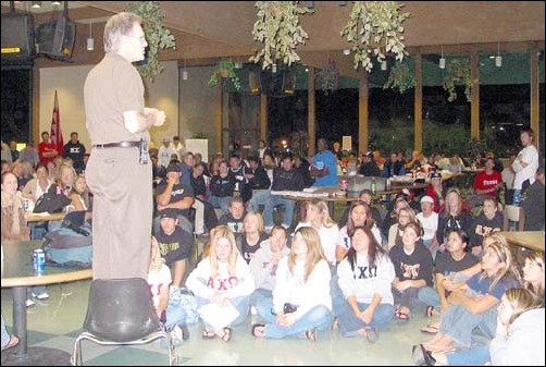 Image: Letter-writing campaign raises $20,000 for St. Judes:Don Langford, director of marketing and promotions for KOOL 101.9, speaks to hundreds of students Friday at a benefit for Sr. Judes childrens Hospital at the Residence Halls Dining Commons. Angela Martinez, State Hornet: