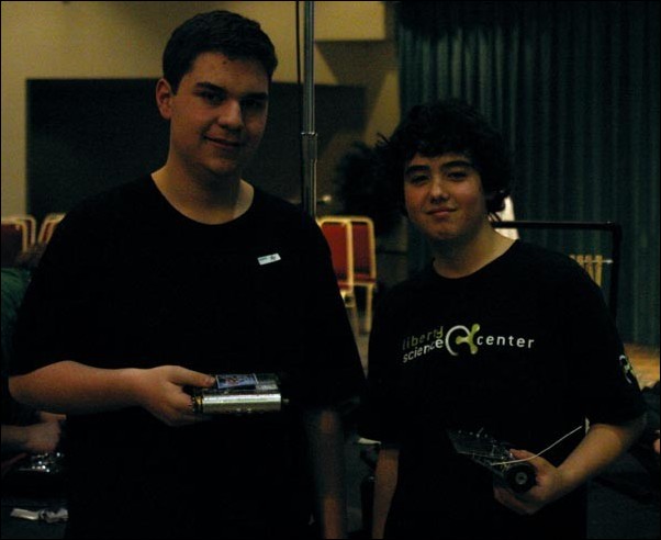 Image: Getting to know your: Competitive Robotics Club:Robotic battle 2005 first place winner Danny Fukuba, right, beside 2004 first place winner Andy Sauro.:Mia Anderson/State Hornet