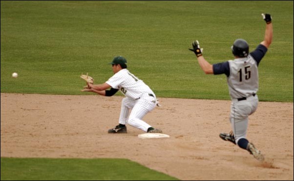 Image: Baseball games clinch Causeway Cup loss:Davis Kyle Irving attempts to break up a double play turned by Sac State second baseman Taylor Watanabe.Photo by Joseph Montalvo/State Hornet: