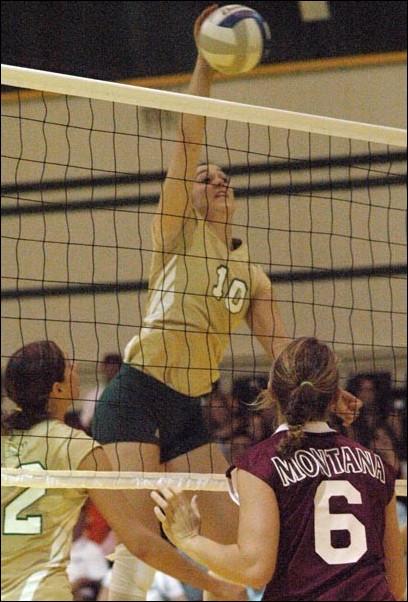 Image: Quiet player making lots of noise in Big Sky:Michelle Franz once thought she wouldnt play volleyball again. Now shes leading the Hornets in hitting percentage.Photo by Jeff Angove/State Hornet: