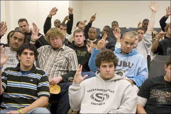 Image: Players react to coachs departure:Photo by Andrew Nixon/The State Hornet At a team meeting on Monday, former coach Steve Mooshagian asked the football team who thought he should just stick it out and fight it all the was through to keep his job. This was the type of response he expe: