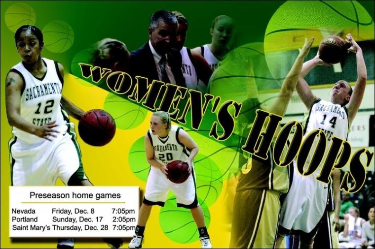 Image%3A+Womens+hoops+preview%3AGraphic+by+Jocelyn+McGregor+and+photos+by+Shane+Angell%2FState+Hornet+Team+captains+Stephanie+Cherry+%28left%29+and+Kim+Sheehy+%28bottom+middle%29%2C+along+with+Ashley+Storms+and+coach+Dan+Muscatell+%28top%29+will+try+to+improve+upon+last+years+win+total.+The+team+%3A