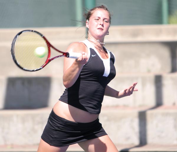 Freshman Katrina Zheltova plays in singles competition in the Big Sky Tournament on Apr. 29 at the Gold River Racquet Club.: