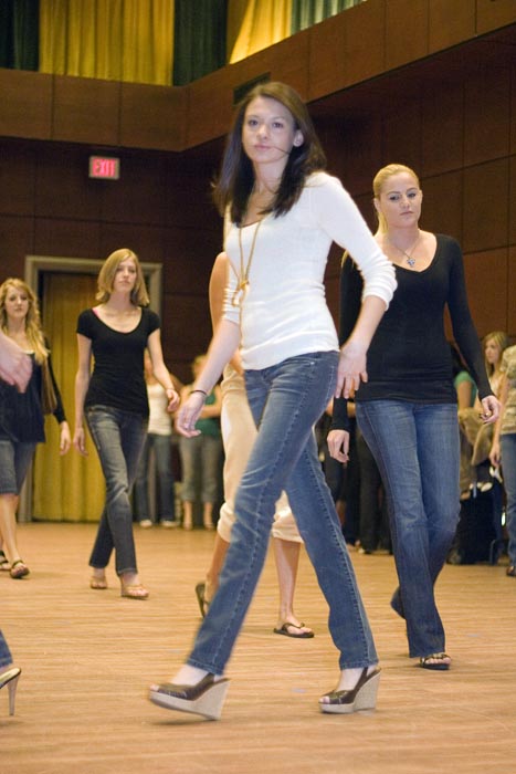 Casually-dressed students practice on May 1 for the student fashion show, which will feature 10 designers.:Johnson, Steven