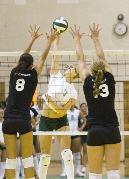 Desiree Hoyum faces off against two Northridge players during Saturdays game. :