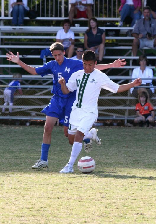 Sacramento State freshman Fernando Carranza, left, keeps the ball from Air Forces Kyle Moses during the 1-0 victory on Friday at Hornet Soccer Field.: