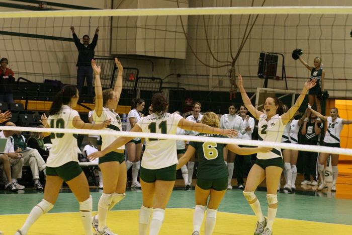 Sacramento State Hornets celebrate after defeating Eastern Washington during Fridays Big Sky Volleyball Tournament.:
