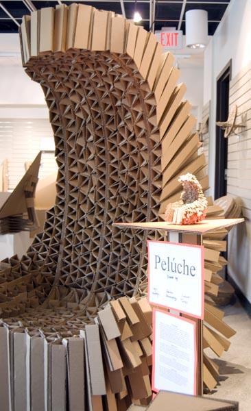 A group of six students created the Peluche chair from cardboard currently showing in the design gallery in Mariposa Hall.: