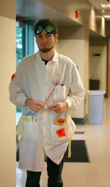Lazarus Kauffman dressed up as a mad scientist for extra credit in a typography class on Tuesday.: