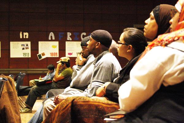 Sac State students listen on as speaker Sheik Iman Luqman Ahmed talks about black muslims and their growth in the US.: