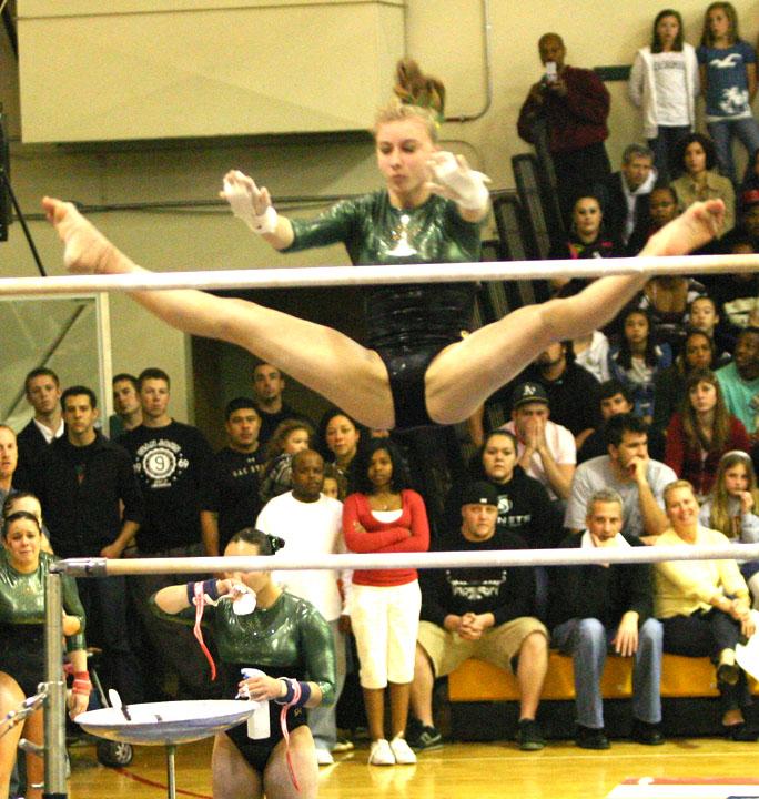 Junior Marina Borisova placed first on the bars with a 9.875 in thee Hornets season-high win in the quad meet.: