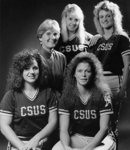 Former Sac State softball coach Irene Shea on the cover of the 1990 media guide with (front row l to r) Karen Andreotti and Toni Heisler, and (back row l to r) Cary Gessell and Terri Eagelston.:Courtesy Hornet Sports