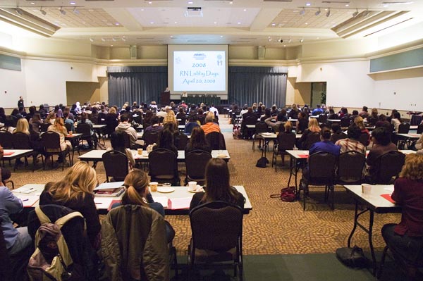 Attendees listen to a presentation at Registered Nurses Lobby Days today at Sacramento State. Around 150 registered nursing students, faculty and professionals from across the state attended the first day of the two-day event.: