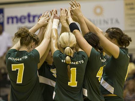 The Hornets huddle during a timeout in the final game against San Jose in Saturdays match.:Christopher Neuschafer