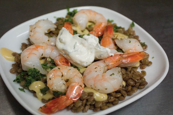 Cafe Rolles garlic herb prawns marinated in olive oil and served with dill dipping sauce. :