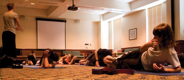 Tracy Ternas teaches a beginning yoga class for the Yoga and Meditation Club every Monday afternoon in the Valley Suite of the University Union. Students of all levels are welcome to join.:
