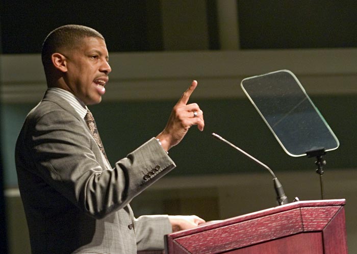 Mayor Kevin Johnson delivers his first State of the City address on Feb. 25 at Sac State.: