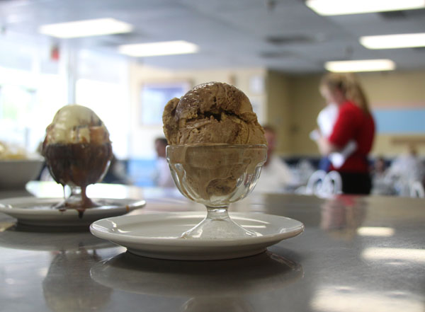 Two small sundaes wait to be served at Leatherbys Family Creamery. :