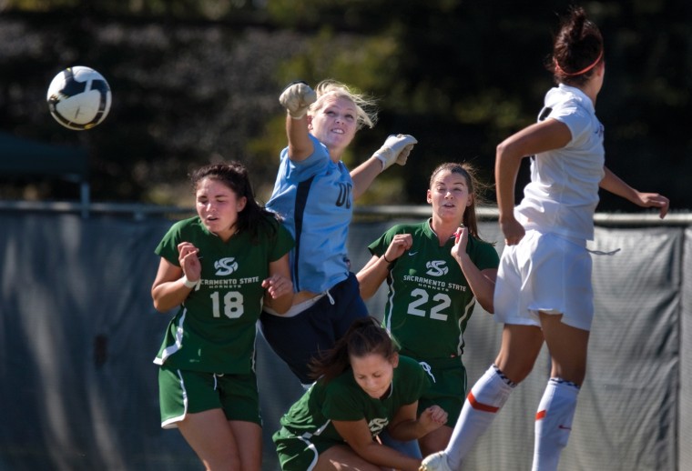 Sac State goalkeeper Savannah Abercrombie defends the goal during Sundays game against Idaho State.: