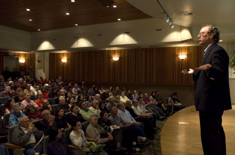 Professor Juan Cole discusses relations between the Obama administration and Iran in a packed Hinde Auditorium Friday night.: