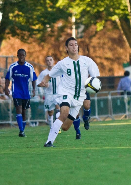 Freshman Forward Max Alvarez (foreground) scored two goals against the William Jessup Warriors on Sept 25.: