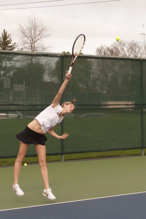 Katrina Zheltova vs. Davis:Senior Katrina Zheltova forcefully returns the play to her opponent. Zheltova is originally from Minsk, Belarus, and has been the Big Sky Conference Most Valuable Player three times.:Yana Yaroshevich - State Hornet