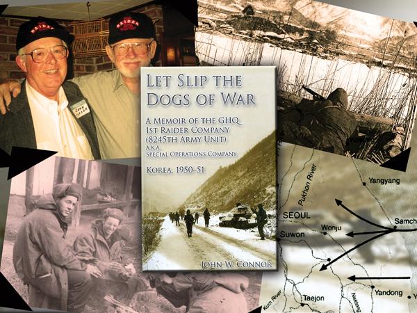 connor:Top left: John Connor and Jamie Lee are reunited nearly 50 years after their time spent in the GHQ Raider Company. Top right: Connor returns fire of communist guerillas in Chang-To. Bottom left: Connor, on left, sits around the fire with Lee and fellow Raiders in North Korea in 1951. :Courtesy Photos. Graphic Matt Erickson