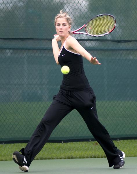 Katrina Zheltova 2:Katrina Zheltova prepares to hit the ball during practice on Thursday at the Rio Del Oro Racquet Club.:Mia Matsudaira - State Hornet