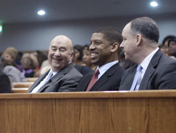 super sunday 2:CSU Chancellor Charles Reed and Sacramento Mayor Kevin Johnson share a laugh during the morning service today at St. Paul Missionary Church. In his speech, Reed said Johnson has made Sacramento youths his priority.:Nallelie Vega - State Hornet