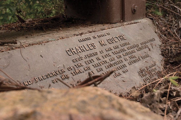 goethe:Charles Goethe, a major donor to Sac State, is honored as ?friend of man and nature and a preserver of the best in both,?by a plaque in the arboretum on campus. :Julie Keefer - State Hornet