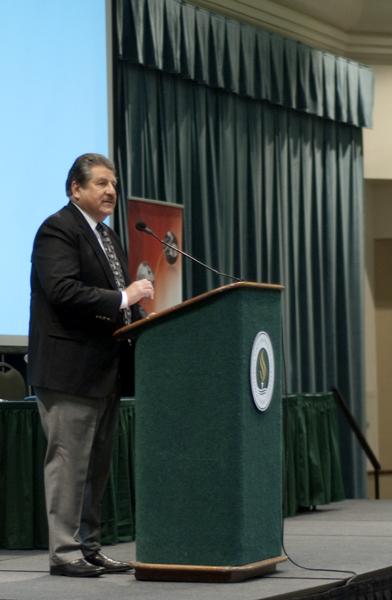 med tech showcase:Sacramento State President Alexander Gonzalez makes a brief opening speech at the Med Tech Showcase held today in the University Union Ballroom. The showcase was hosted by the Sacramento Area Regional Technology Alliance:Tony Nguyen - State Hornet