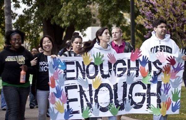 violence:Sacramento State students march from American River Courtyard to the University Union today in support of the anti-violence campaign Enough is Enough.:Nallelie Vega - State Hornet