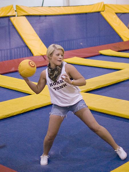 dodgeball:A player gets ready to throw a dodge ball at the opposing team during the first ever Dodge Duck Dip Donate trampoline dodge ball tournament Sunday at Sky High Sports.:Robert Linggi - State Hornet