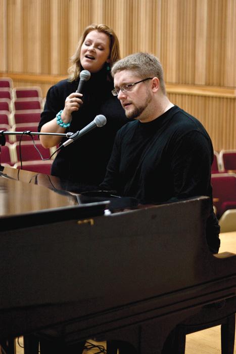 Marsh:Vocal Jazz Program Director Kerry Marsh and his wife Julia Dollison, jazz voice instructor, rehearse songs from their newly released album, ?Vertical Voices: The music of Maria Schneider,? in the music recital hall.:Nallelie Vega - State Hornet