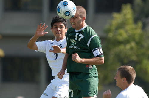 soccer 1: Junior Adam Bettencourt hits a header during the game against UC Davis on Monday Oct. 5, 2009 at Hornet Field. Bettencourt was the team?s tri-captain and was an MPSF All-Academic honoree last year.:Bob Solorio - Hornet Sports