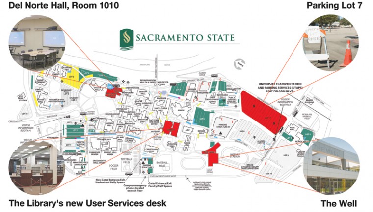 Campus improvements map:Facilities Services is now renovating Lot 7, upper right, to add more parking spaces. Other recently completed construction projects on campus are the newly opened The Well, lower right, Del Norte Hall, upper left, and the Library, lower left. Del Norte Hall now houses the campus Human Resources and technologically updated classrooms. The Library now has a User Services desk and a bigger Library Collaborative.:Graphic by Megan Harris, Photos by Robert Linggi - State Hornet