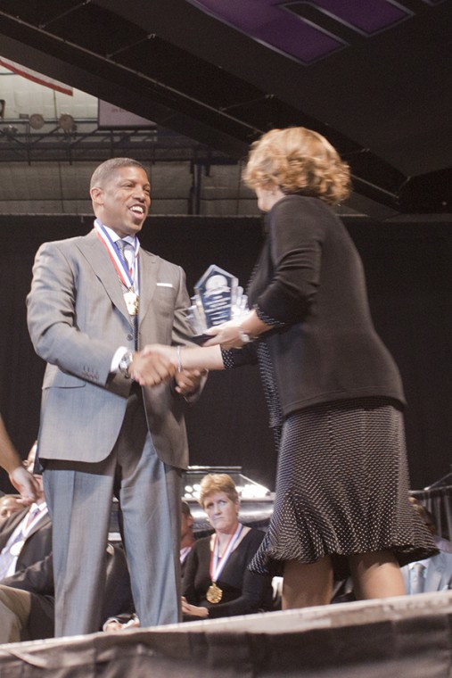 halloffame:Kevin Johnson receives his CIF Hall of Fame induction award.:Courtesy of Andres Perez