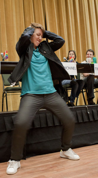 Guess Whos Gay:Senior sociology major Addison Pressnall-Duff, one of the panelists, shows off her dance moves at the Guess Who?s Gay event Thursday in the Redwood Room.:Mayra Romero - State Hornet
