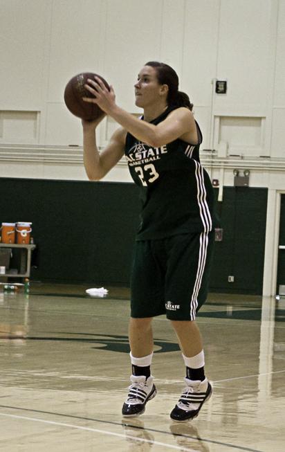 womensbasketball:Senior Emily Christensen shoots the ball at practice.:Steven Turner - State Hornet