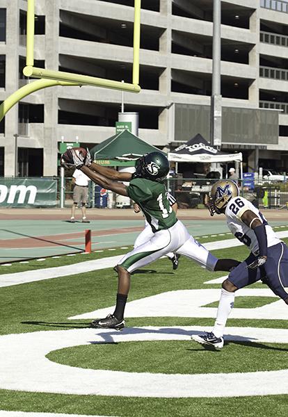 morrisprofile:Freshman wide receiver Morris Norrise catches the ball in the endzone against Montana State University on Oct. 2.:State Hornet File Photos