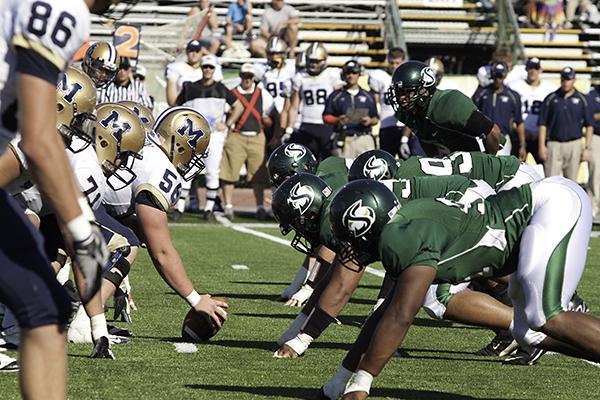 Football vs. Montana State 1:Hornets and Bobcats line up for a play during today?s Big Sky Conference game at Hornet Stadium. Montana State won 64-61 in overtime.:Robert Linggi - State Hornet