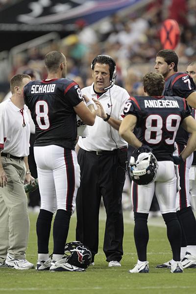 houston texans greg knapp:Knapp talks to Houston Texans quarterback Matt Schaub during a timeout. Knapp also coached for the San Francisco 49ers and Sac State before his current job with the Houston Texans.:Courtesy of Houston Texans